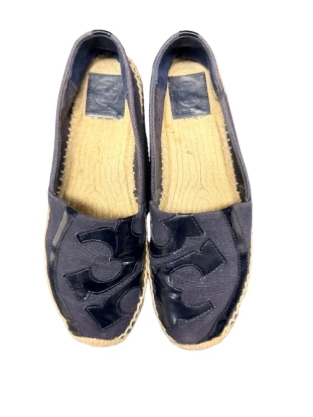 Tory Burch Navy Canvas Patent Logo Espadrille Flats Shoes Size 8.5